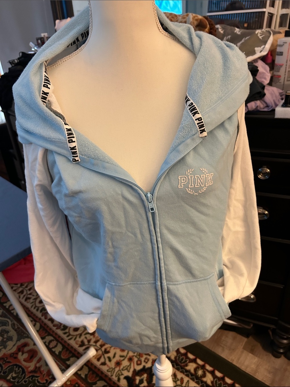 PINK Victoria's Secret Light Blue & White Zip-Up Hoodie